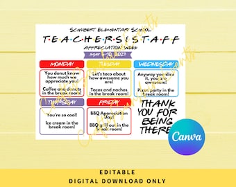 Editable Friends Themed Teachers & Staff Appreciation Week Itinerary Poster