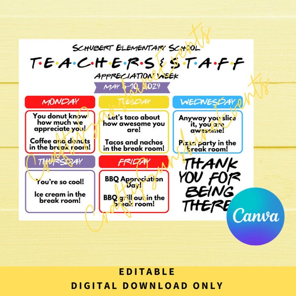 Editable Friends Themed Teachers & Staff Appreciation Week Itinerary Poster