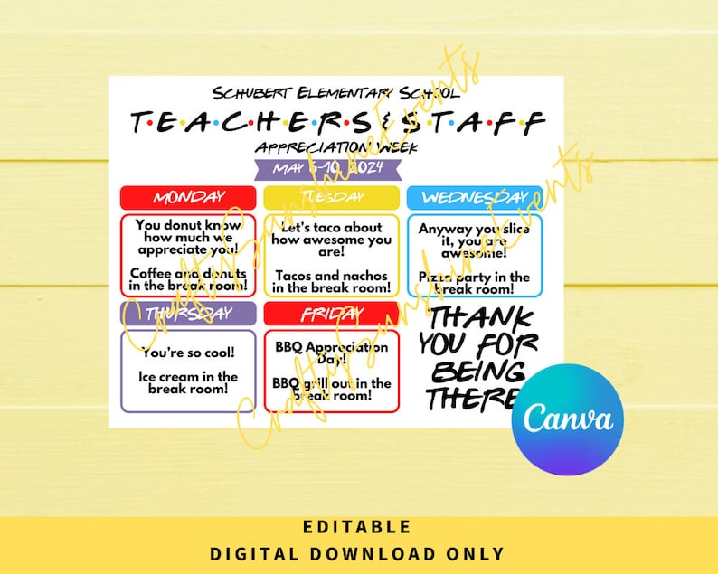 Editable Friends Themed Teachers & Staff Appreciation Week Itinerary Poster image 1