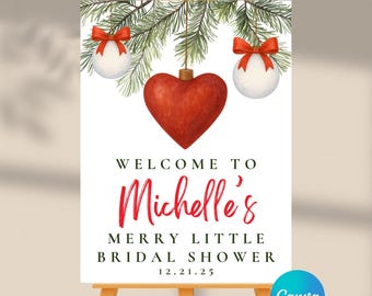Editable Christmas A Merry Little Bridal Shower Welcome Sign | Instant Download | Canva Template | 18x24, 24x36