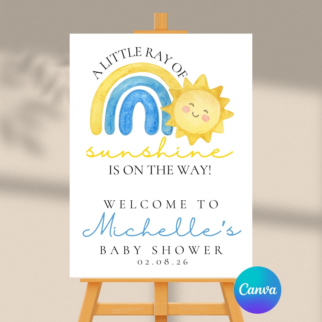 Editable Blue A Little Ray of Sunshine is on the Way Baby Shower ...