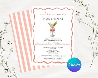 May include: A baby shower invitation with a martini illustration. The invitation features the text "a tini one is on the way" and event details. The design includes a pink border and a striped envelope.