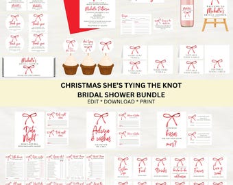 Editable Christmas She's Tying The Knot Bridal Shower Bundle Set | Christmas Theme | Instant Download | Canva Template