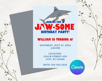 Puede incluir: Una invitación de cumpleaños azul claro con una ilustración de tiburón. La invitación dice "¡Únete a nuestra FIESTA de cumpleaños JAW-SOME!" e incluye el texto "¡William cumple 6 años!" con fecha, hora, lugar e información de RSVP.