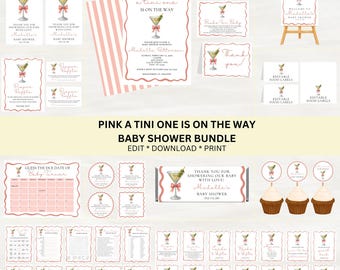 Bewerkbaar roze A Tini One is onderweg Babyshowerbundelset | Direct downloaden | Bewerken met canvas