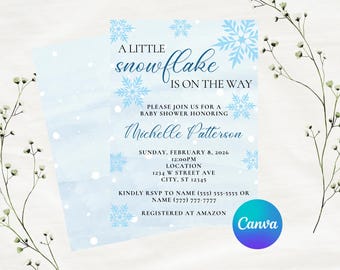 Editable A Little Snowflake Is On The Way Baby Shower Invitation Template | Winter Theme | Instant Download | Canva Template | 5x7