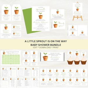 May include: A collection of baby shower stationery with a sprout theme. Includes invitations, thank you cards, food labels, and games. The text "A Little Sprout is on the Way" is featured prominently.
