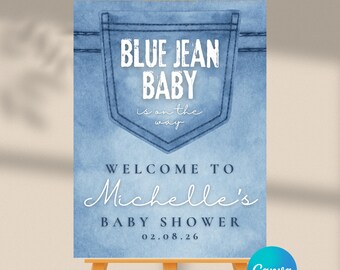 Editable Blue Jean Baby Is On The Way Baby Shower Welcome Sign | Instant Download | Canva Template | 18x24, 24x36