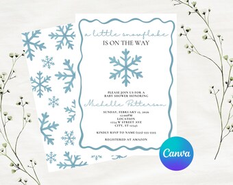 Editable Blue A Little Snowflake Is On The Way Baby Shower Invitation | Instant Download | Canva Template | 5x7