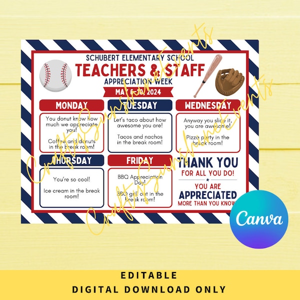 Editable Baseball Themed Teachers & Staff Appreciation Week Itinerary Poster