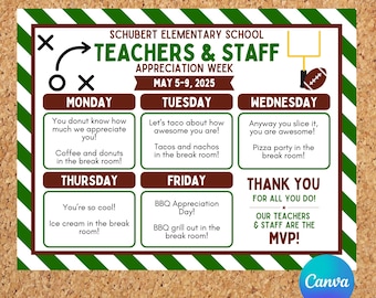 Editable Football Themed Teachers & Staff Appreciation Week Itinerary Poster – Instant Download – Customizable PDF