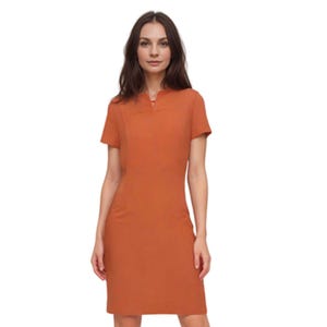 Op de afbeelding: Een kortgetailleerde, roestkleurige jurk met een V-hals en een aansluitende pasvorm.