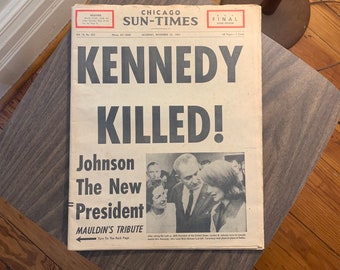 Authentic 1963 Chicago Sun-Times newspaper, John F. Kennedy assasination announcement