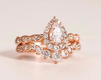 Rose Gold Silver Teardrop 2 Piece Ring Set -Pear Cut - Engagement Ring Set - Womens Ring Set Bridal Set