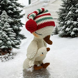 May include: A crocheted goose wearing a striped red, green, and white hat with a red pom-pom. The goose is holding a smaller crocheted goose. The background shows a snowy winter scene with evergreen trees.