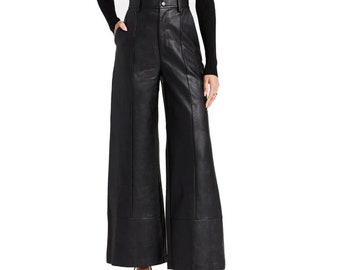 Genuine Black Leather High Waisted Pants For Women - Handmade Leather Trousers 100% leather