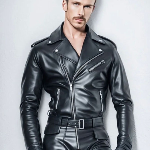 MENS Leather Jacket , Leather Pent Soft Leather Catsuit Overall Bodysuit Jumpsuit Black Dangari Leather Suit Mens Full body Suit