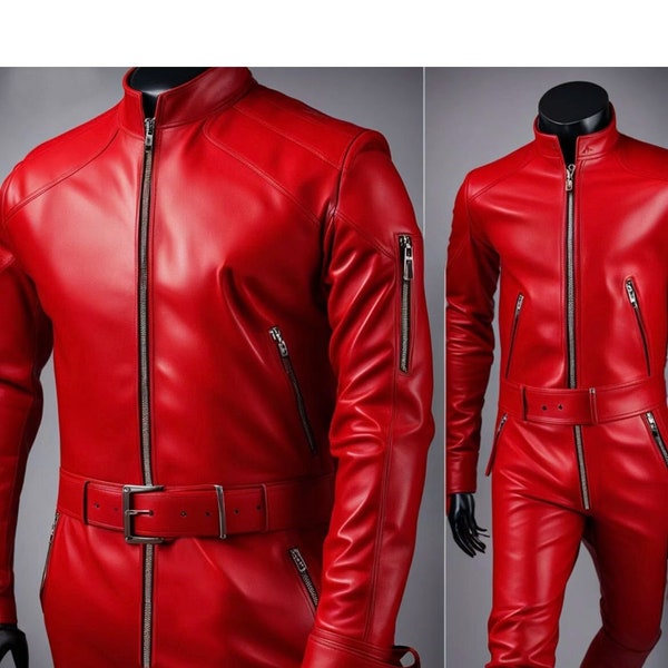 Traje de cuero rojo, cuero Pent cuero suave Catsuit general mono mono negro Dangari traje de cuero para hombre traje de cuerpo completo