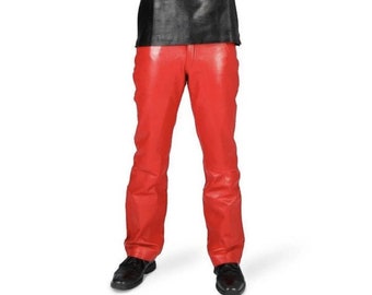 Men's Cargo Leather Pants, Men's Genuine Leather Jeans Style 5 Pockets Motorcycle Red Pant