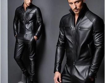 Traje de cuero negro, cuero Pent cuero suave Catsuit general mono mono negro Dangari traje de cuero para hombre traje de cuerpo completo