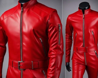 Red Leather Suit , Leather Pent Soft Leather Catsuit Overall Bodysuit Jumpsuit Black Dangari Leather Suit Mens Full body Suit