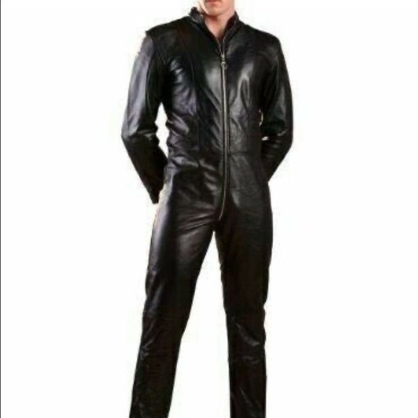 MENS GENUINE Soft Leather Catsuit Overall Bodysuit Jumpsuit Black Dangari