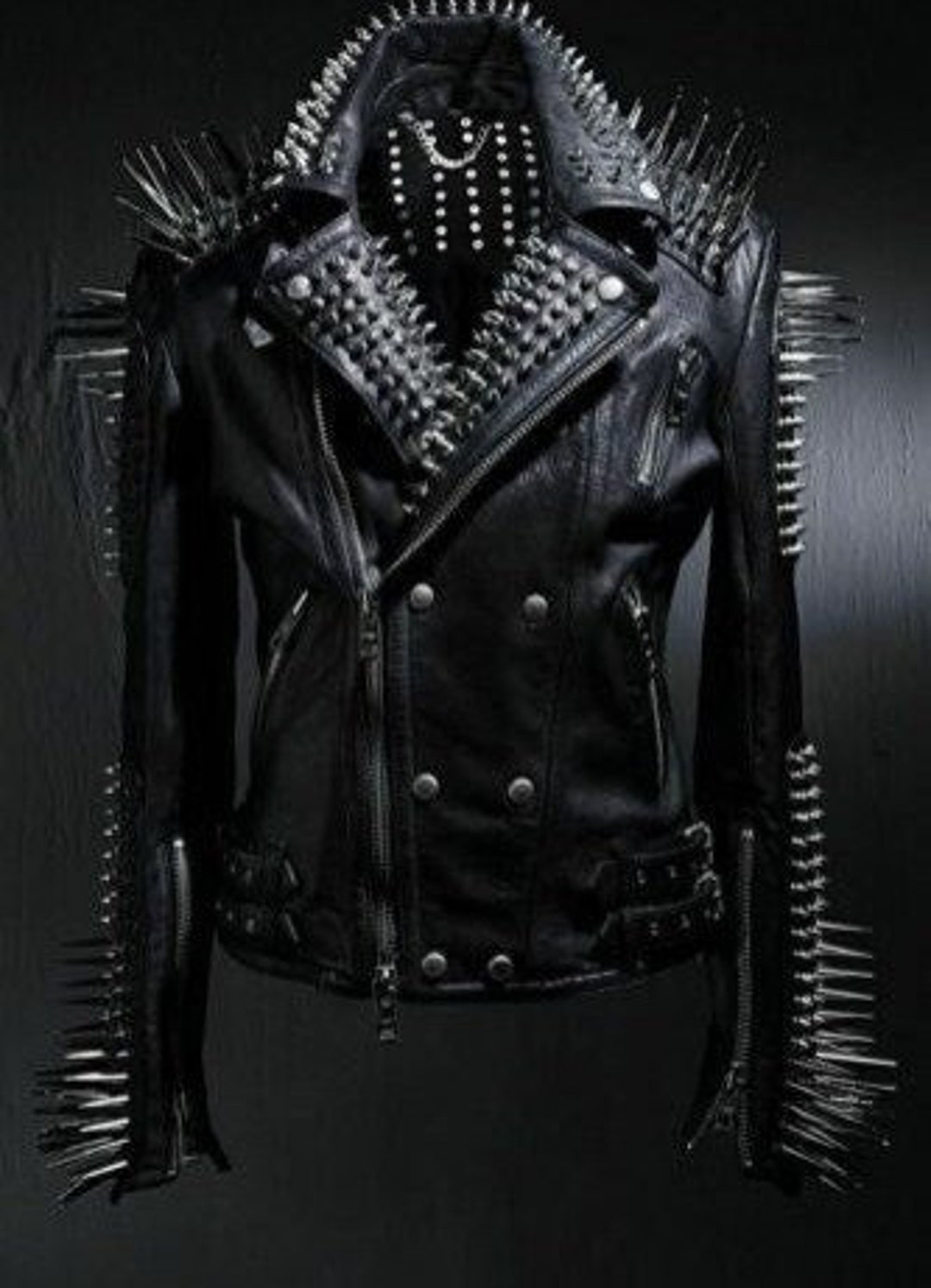 Spiked Studded Leather Jacket Punk Motor Biker Metal Button