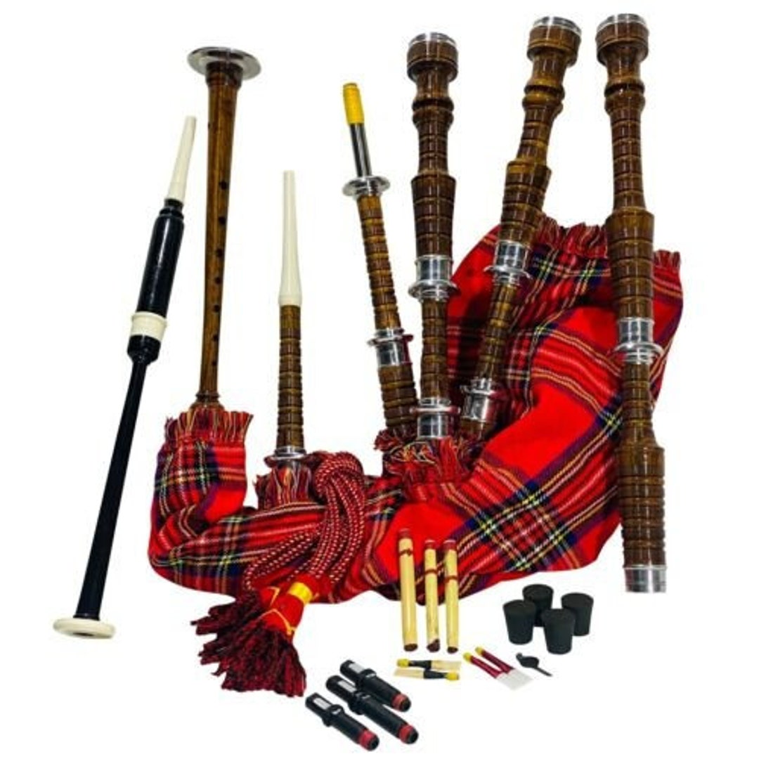 Handmade Scottish Highland Bagpipes Full Silver Mounts Rosewood Natural