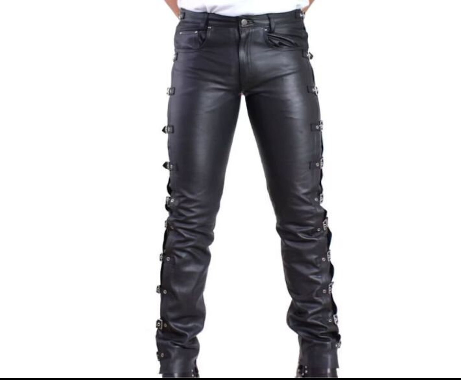 Buckle Belted Leather Look Pants