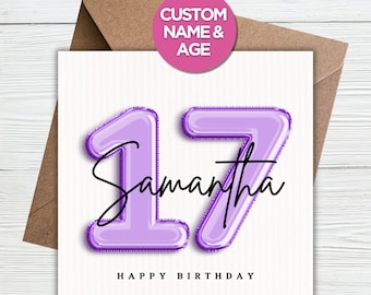 17e anniversaire pour fille, 17e carte pour fille, petite-fille, nièce, carte d'anniversaire personnalisée 17e chiffres Milstone violet
