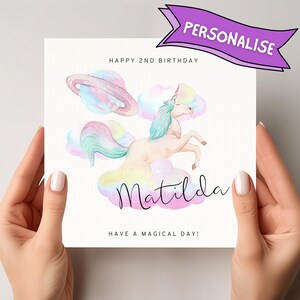 Biglietto di auguri di compleanno unicorno personalizzato per bambina di 2, 3 e 4 anni / Qualsiasi nome ed età / Biglietto per figlia, nipote e pronipote
