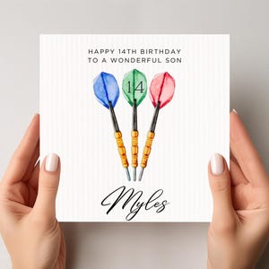 Biglietto di auguri personalizzato per il 14° compleanno con freccette: figlio, nipote, pronipote