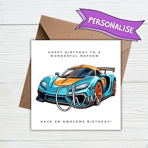 Biglietto di auguri di compleanno personalizzato con auto veloce: figlio, nipote, pronipote