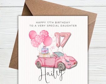 17e anniversaire de fille, 17e carte pour fille, petite-fille, nièce, carte d'anniversaire personnalisée 17e voiture rose