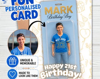 May include: A personalized birthday greeting card featuring a custom action figure graphic of a person wearing a blue Westbrook 33 jersey and jeans. The card displays the text MARK Birthday Boy and Happy 21st Birthday with a photo insert.