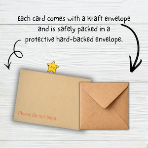 May include: A large rectangular light brown envelope with the red text Please do not bend and a smaller square light brown envelope. A small yellow star illustration with a face is positioned above the envelopes. Text reads Each card comes with a Kraft envelope and is safely packed in a protective hard-backed envelope.
