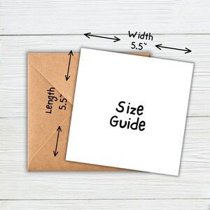May include: A square white card with the text Size Guide in black, placed on a brown kraft paper envelope. Arrows indicate a width of 5.5 inches and a length of 5.5 inches, providing a clear visual reference for the dimensions of the stationery.