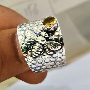 Anillo de abeja de plata de ley hecho a mano: piedra preciosa citrina