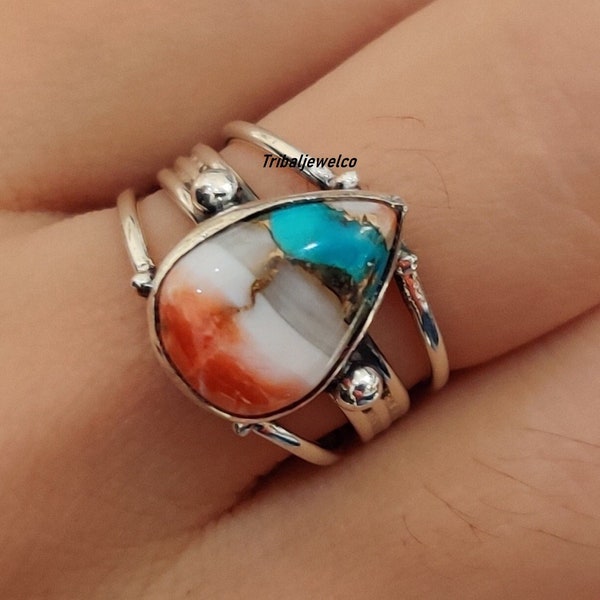 Oyster Copper Turquoise Solid 925 Sterling Silver Ring For Women, Handmade Mix Oyster Pear Stone Ring For Wedding Anniversary Gift For Her