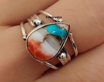 Bague en argent sterling 925 massif cuivre turquoise huître pour femme, bague en pierre poire huître mélange fait main pour cadeau d'anniversaire de mariage