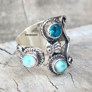 Blue Topaz, Larimar, Opal Gemstone Ring, Adjustable Ring, Elegant Queen Ring, Gift for Her, 925 Sterling Silver, Tribal Fusion Art Ring