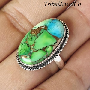 Oval Peacock Dahlia Turquoise Ring, 925 Sterling Silver Ring Handmade Gift,Birthday Gift Christmas GiftGreen Peacock Turquoise, Gift For Her