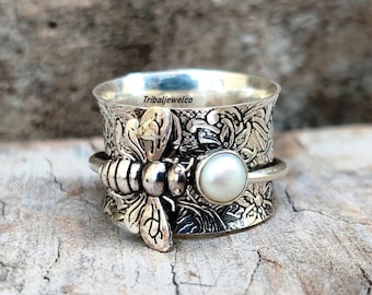 Anillo giratorio de plata de ley 925 con abeja perlada: joyería de meditación
