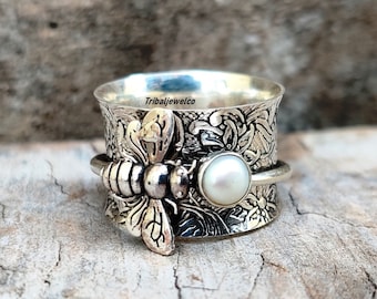 Pearl Honeybee Spinner Ring, 925 Sterling Silver, Honey Bee Spinner Friendship Ring, Handmade Ring, Concentration Ring, Meditation Ring