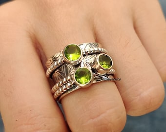 Anillo giratorio de peridoto en plata de ley: anillo de preocupación hecho a mano