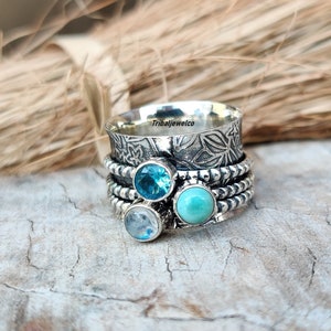 Larimar Mondstein Blautopas Spinner Ring : Sterling Silber Fidget Schmuck