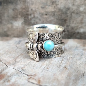 Larimar Honeybee Sterling Silver Spinner Ring: Handmade Meditation Jewelry