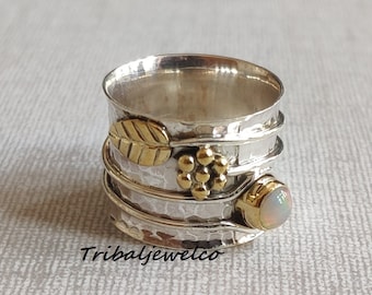 Handmade Sterling Silver Ethiopian Opal Ring: Flower Leaf Band