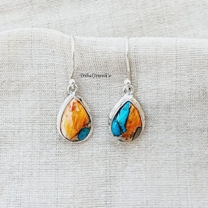 Pendientes de turquesa y ostra espinosa hechos a mano: Joyería de plata con piedras preciosas