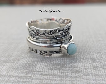 Larimar Sterling Silver Spinner Ring: Handmade Meditation Jewelry